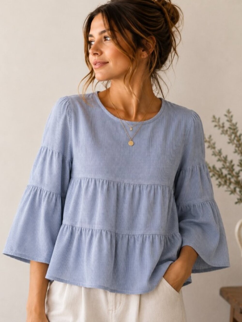 Kale Generation women's blue pinstriped blouse size M  boho balletcore